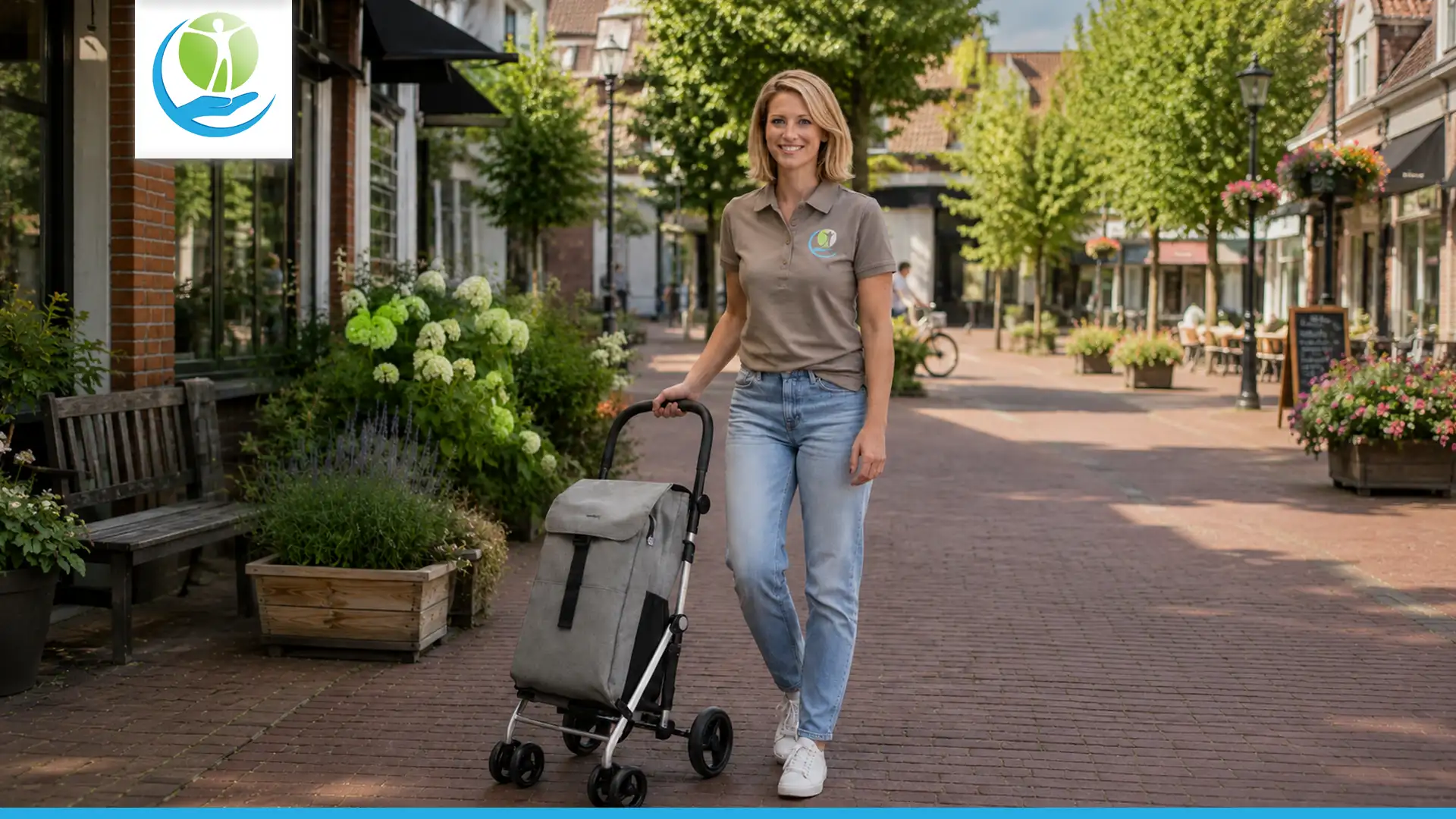 Boodschappenwagen met vrouw in dorpsgezicht
